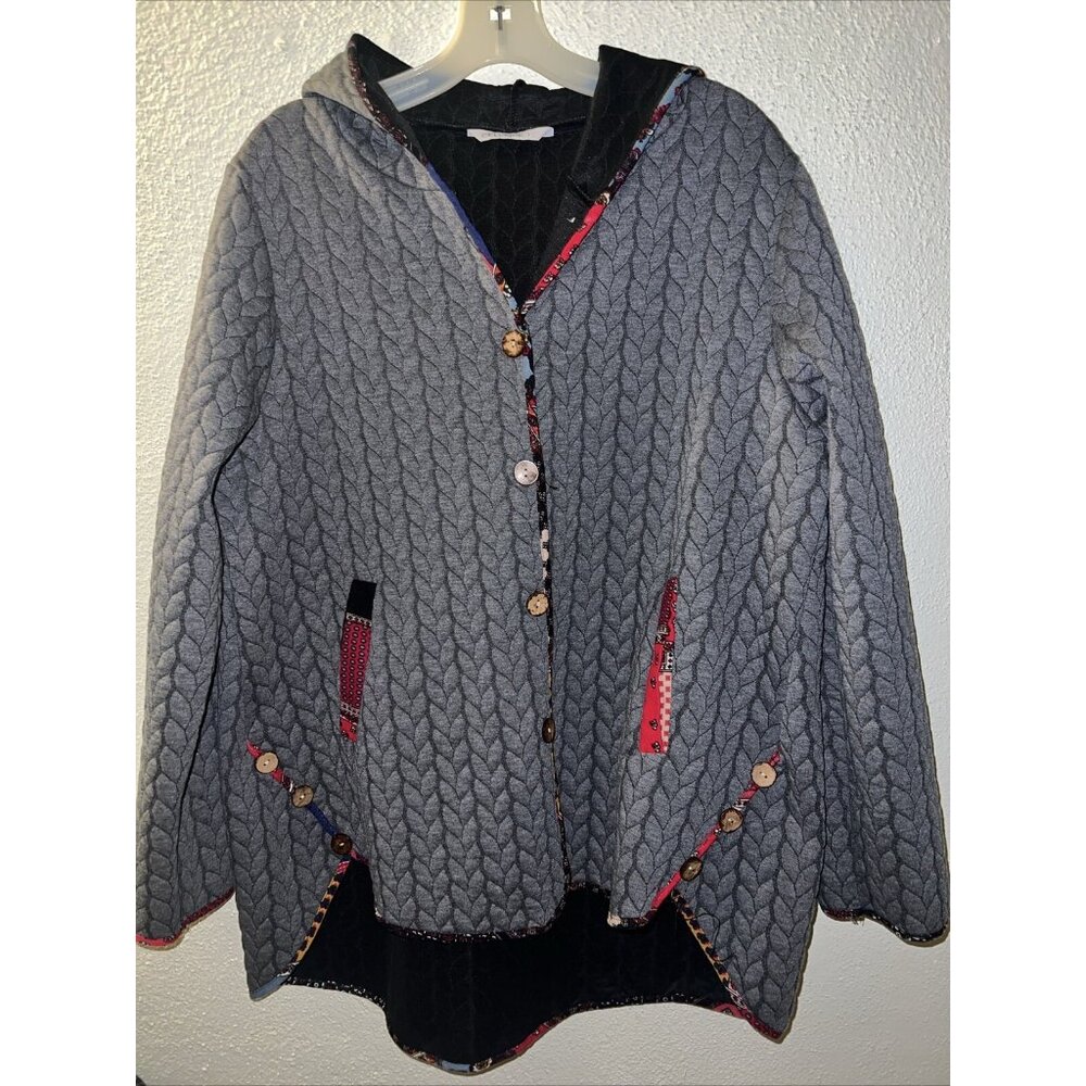 Women Jacket Cellabie Gray Long Sleeve Pocket Hooded Button Patchwork Size‎ L